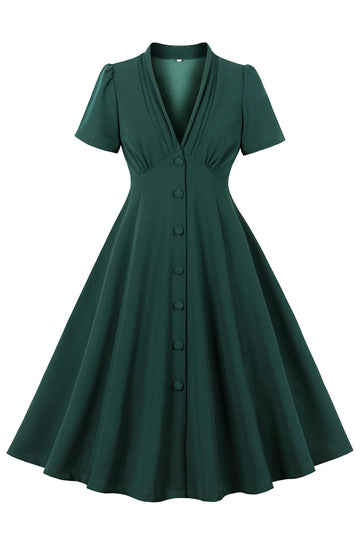 Verde escuro V pescoço único peito 1950s vestido